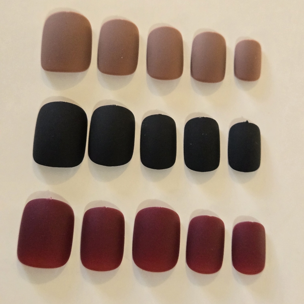 3 Sets Matte Press-On Nails in Black, Burgundy & Brown
